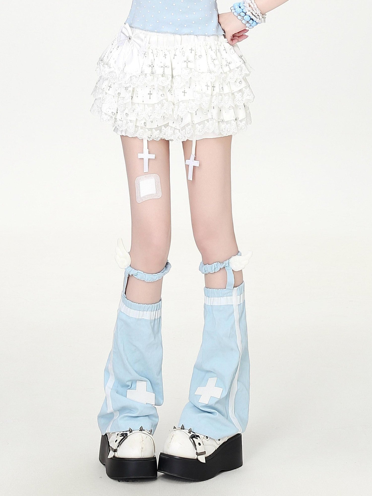 CRAZYGIRL Puff Lace Trim Cross Pendant Multilayer High Waist Women's Mini Skirts