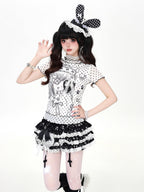 CRAZYGIRL Puff Lace Trim Cross Pendant Multilayer High Waist Women's Mini Skirts