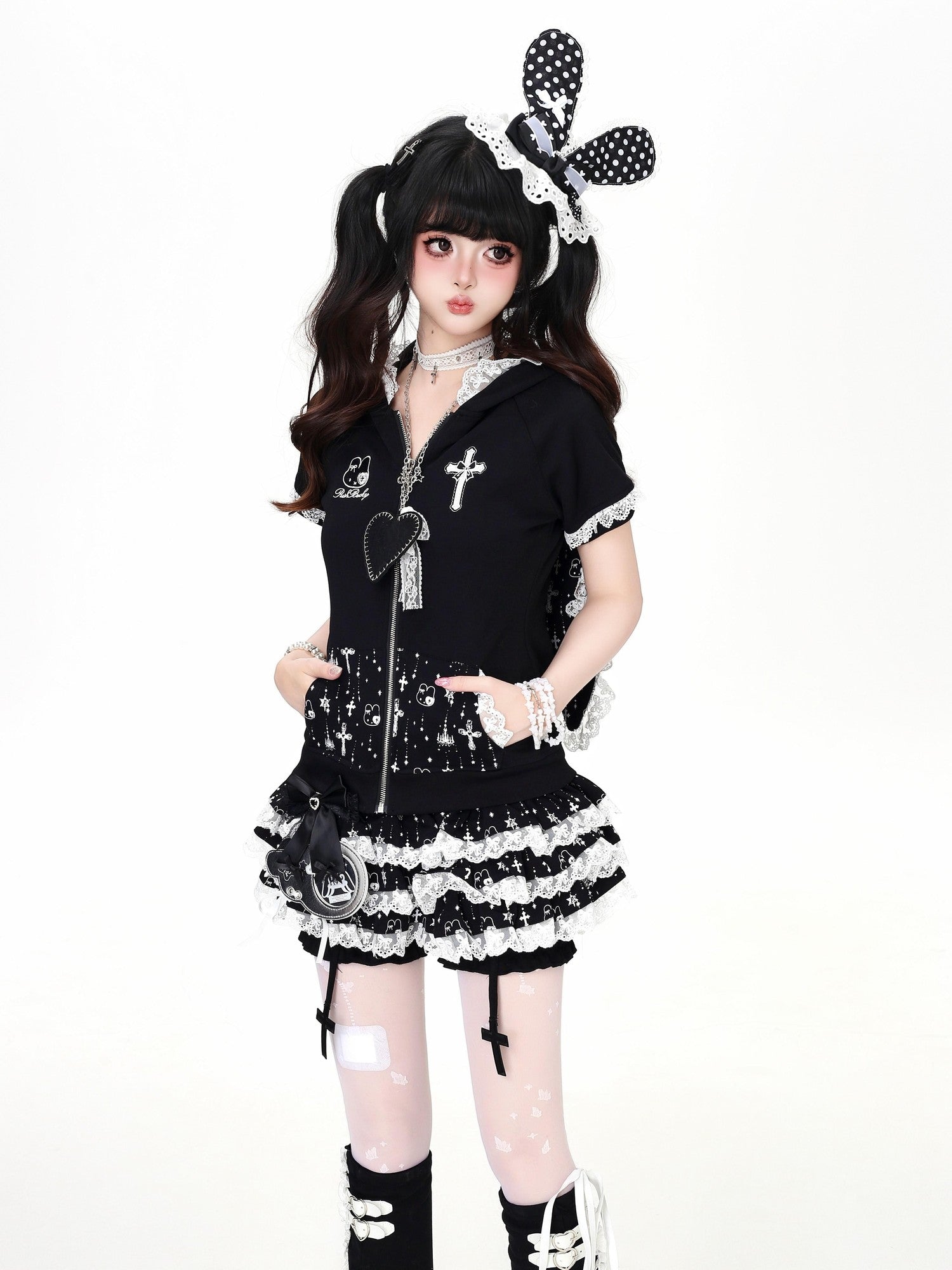 CRAZYGIRL Puff Lace Trim Cross Pendant Multilayer High Waist Women's Mini Skirts