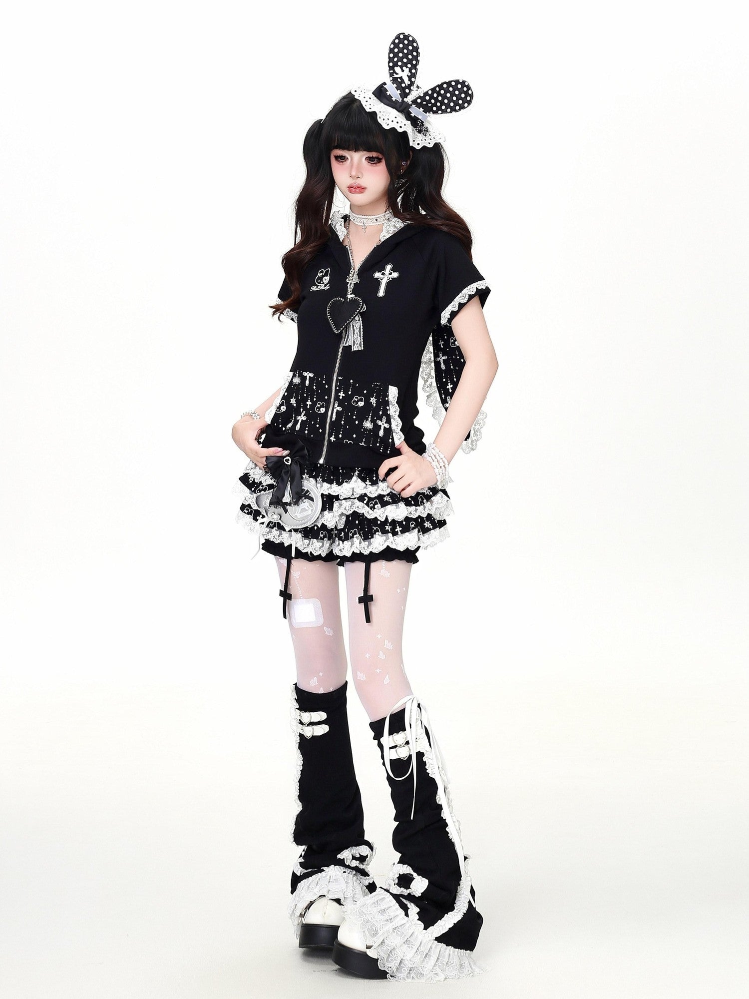 CRAZYGIRL Puff Lace Trim Cross Pendant Multilayer High Waist Women's Mini Skirts