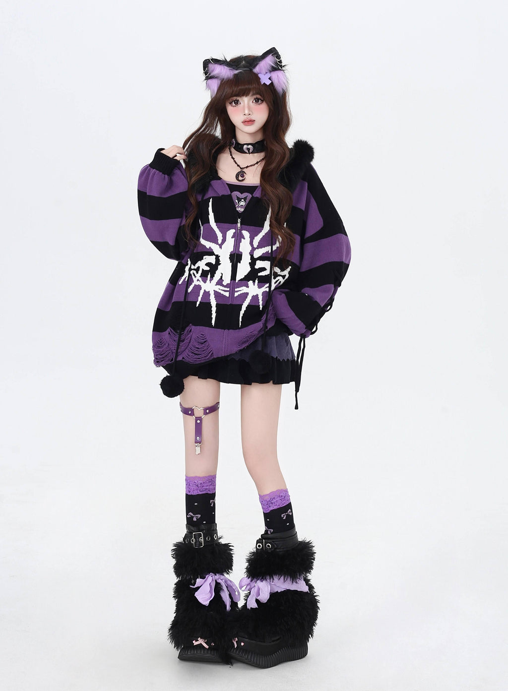 CRAZYGIRL_Punk_Striped_Lantern_Sleeve_Hooded_Removable_Fur_Collar_Women's_Cardigans_847149739960_MISSTT