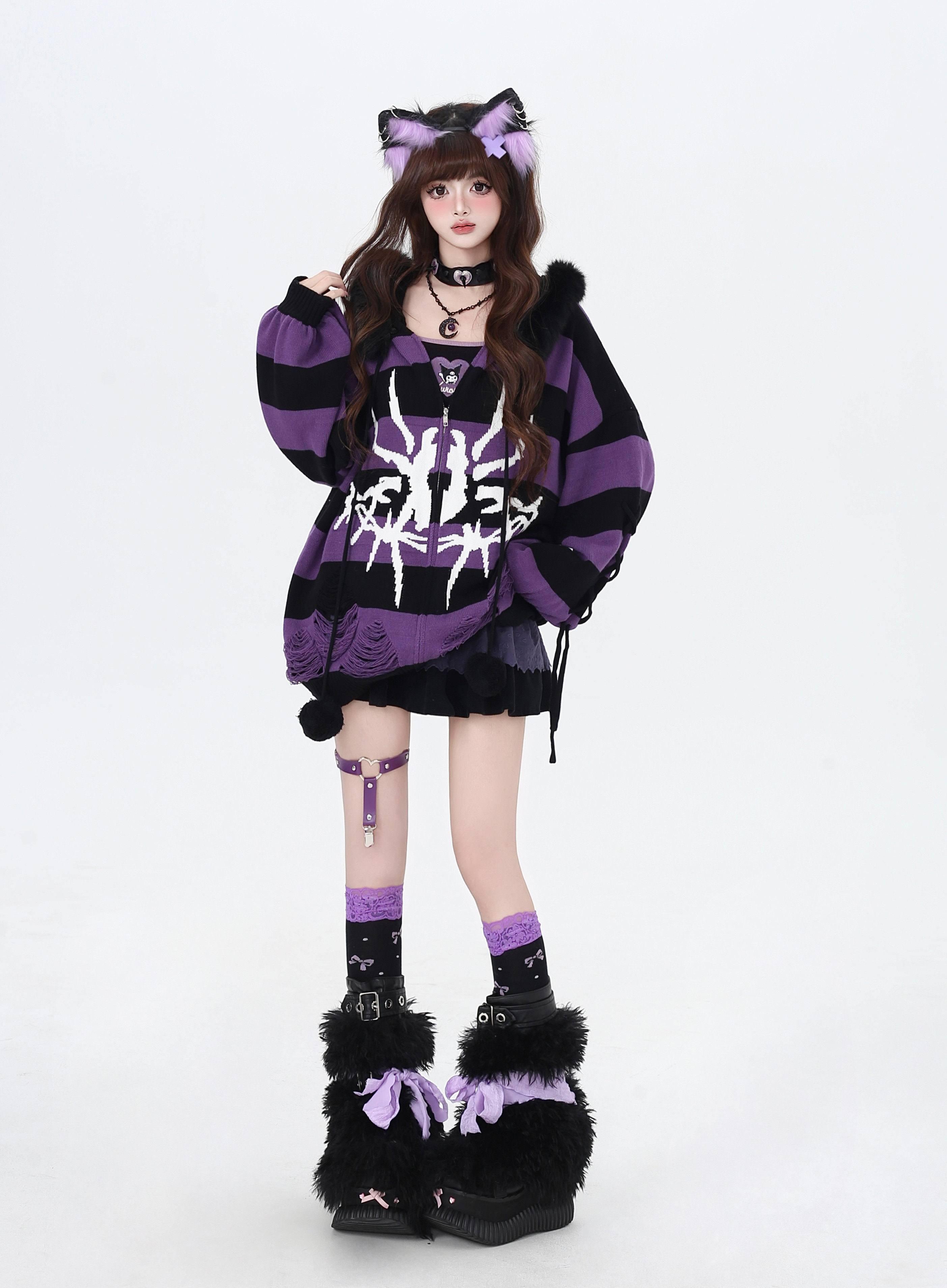 CRAZYGIRL_Punk_Striped_Lantern_Sleeve_Hooded_Removable_Fur_Collar_Women's_Cardigans_847149739960_MISSTT