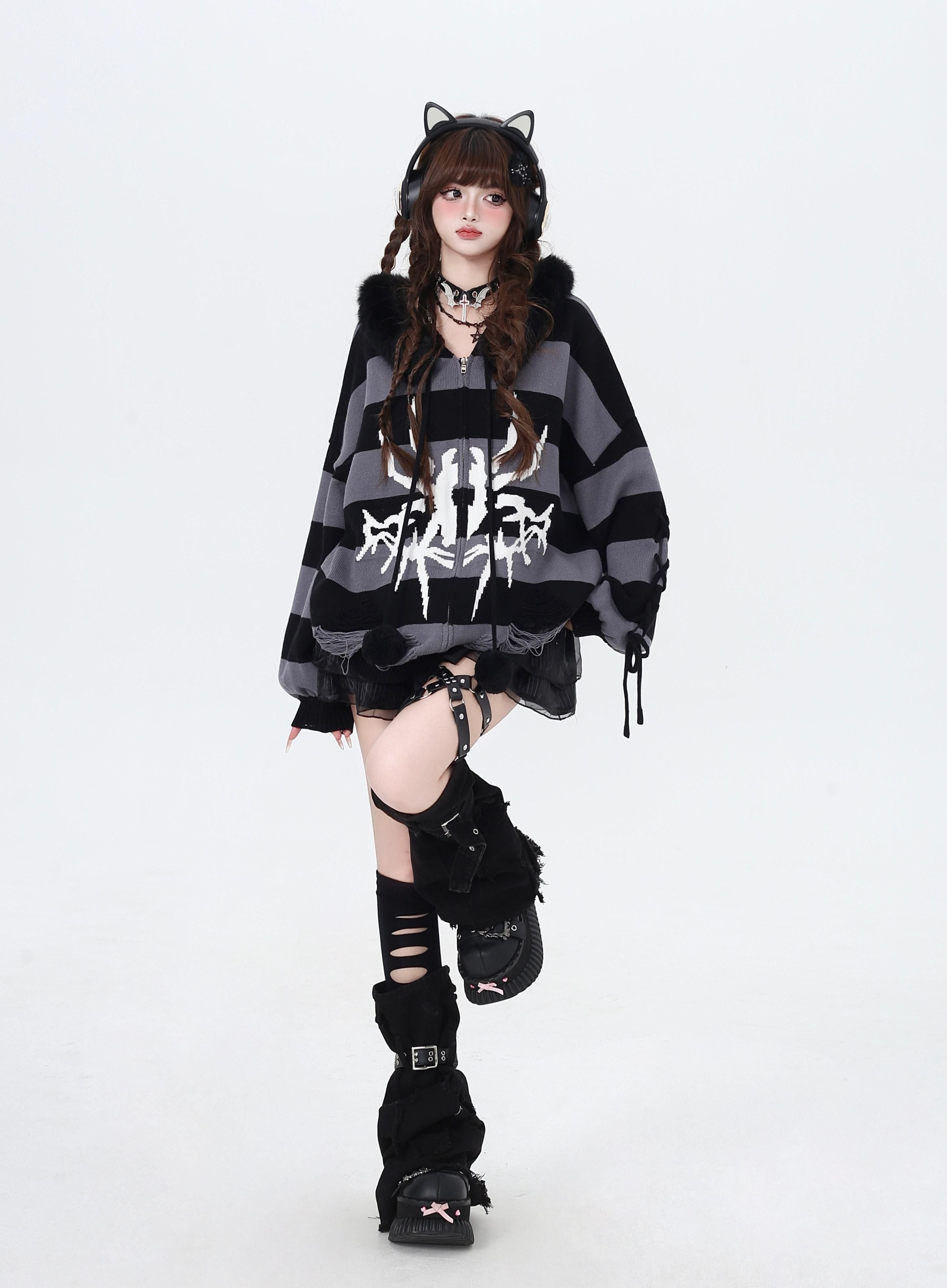 CRAZYGIRL_Punk_Striped_Lantern_Sleeve_Hooded_Removable_Fur_Collar_Women's_Cardigans_847149739960_MISSTT