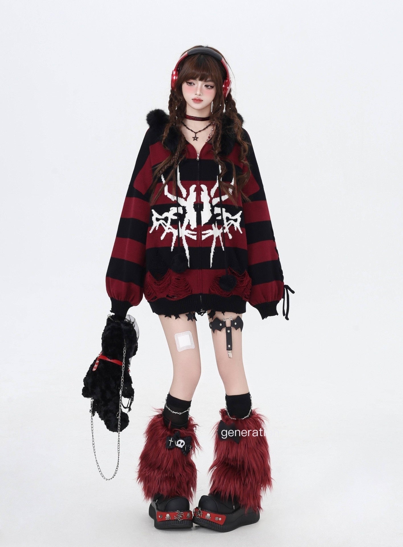 CRAZYGIRL_Punk_Striped_Lantern_Sleeve_Hooded_Removable_Fur_Collar_Women's_Cardigans_847149739960_MISSTT