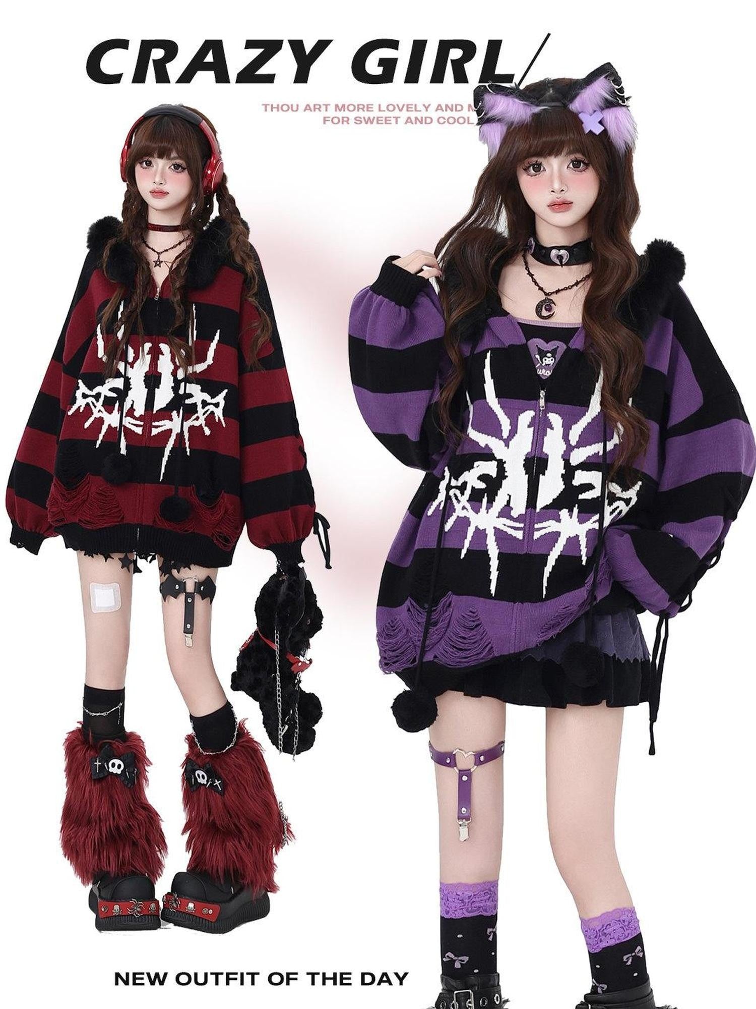 CRAZYGIRL Punk Striped Lantern Sleeve Hooded Removable Fur Collar Women's Cardigans