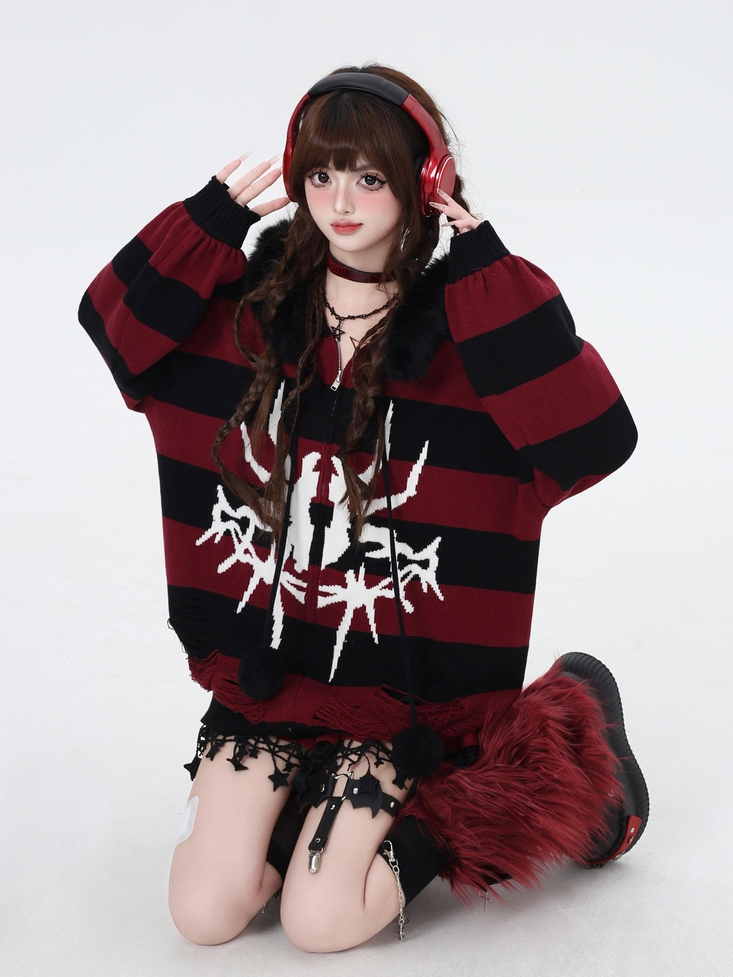 CRAZYGIRL Punk Striped Lantern Sleeve Hooded Removable Fur Collar Women's Cardigans