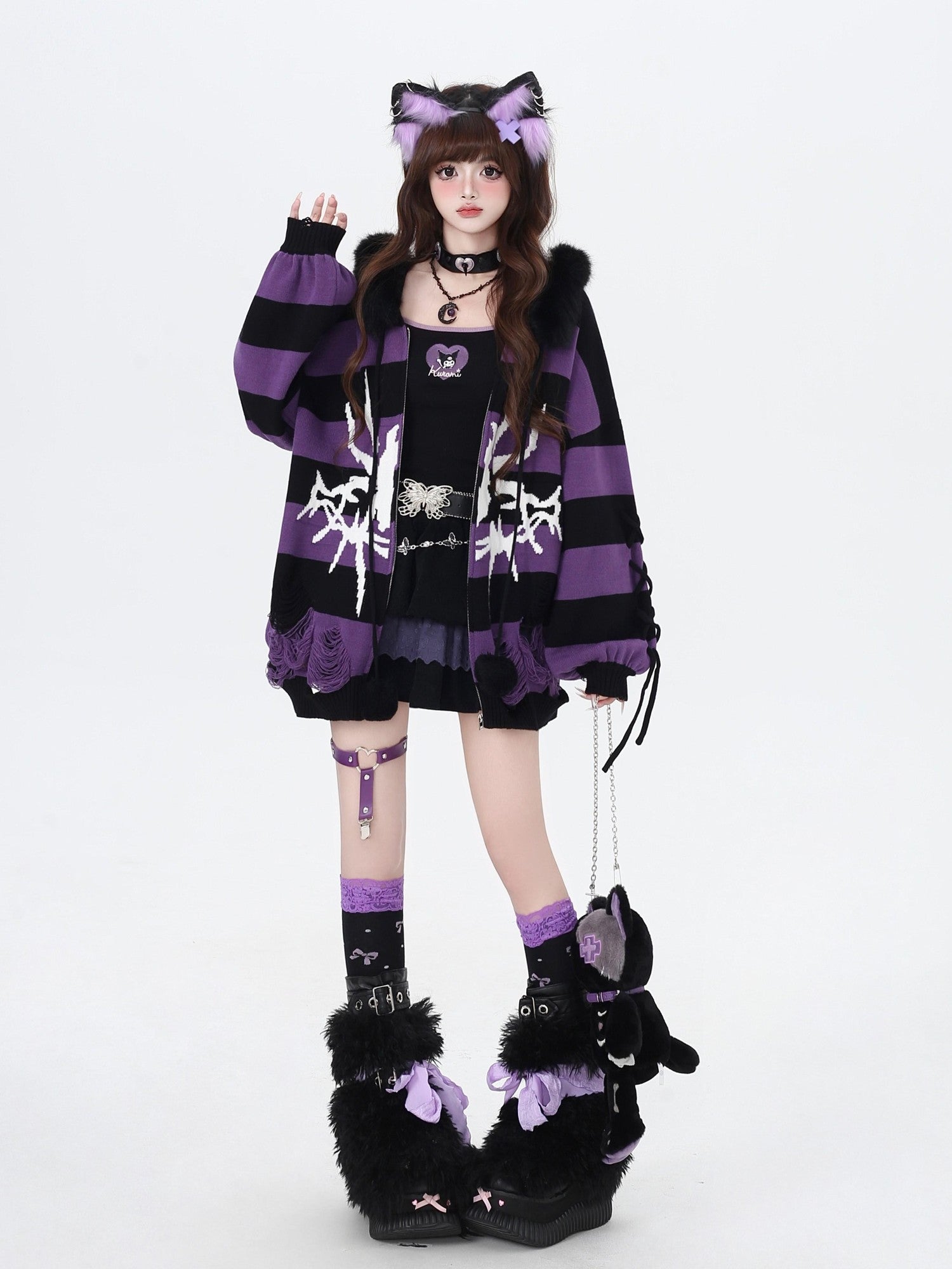 CRAZYGIRL Punk Striped Lantern Sleeve Hooded Removable Fur Collar Women's Cardigans