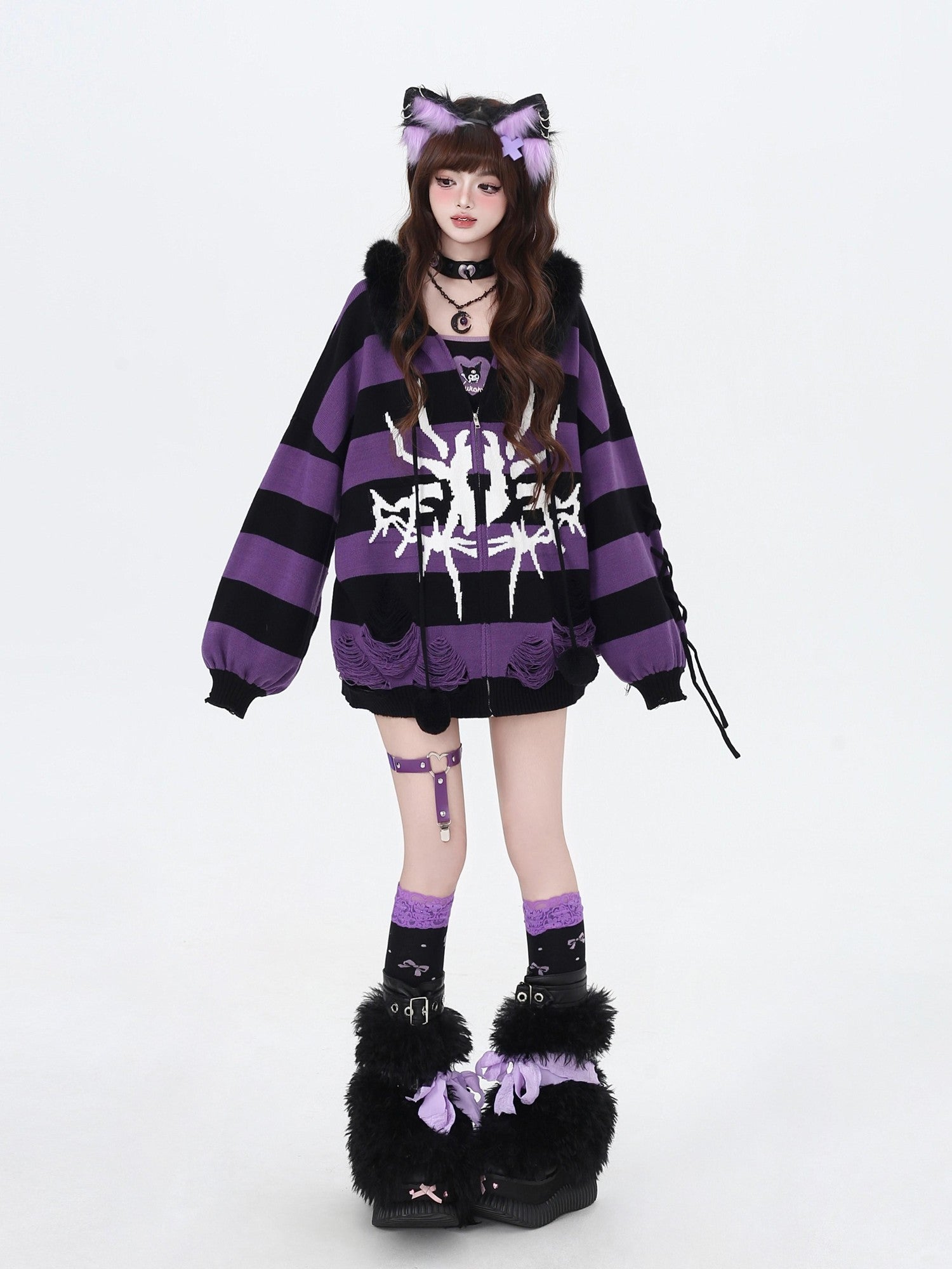 CRAZYGIRL Punk Striped Lantern Sleeve Hooded Removable Fur Collar Women's Cardigans