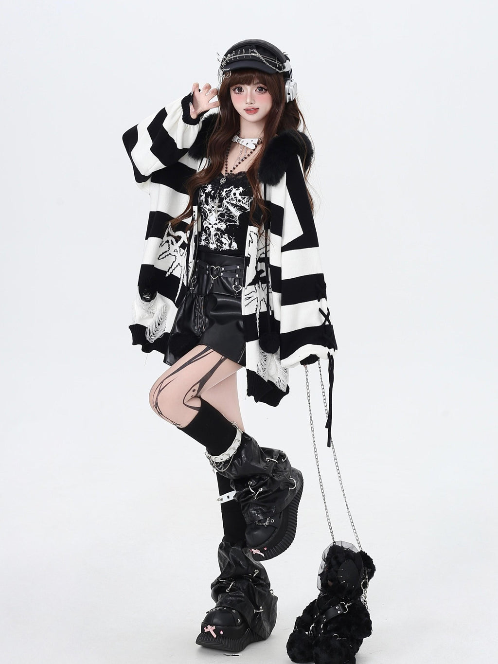 CRAZYGIRL Punk Striped Lantern Sleeve Hooded Removable Fur Collar Women's Cardigans