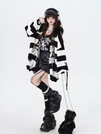 CRAZYGIRL Punk Striped Lantern Sleeve Hooded Removable Fur Collar Women's Cardigans