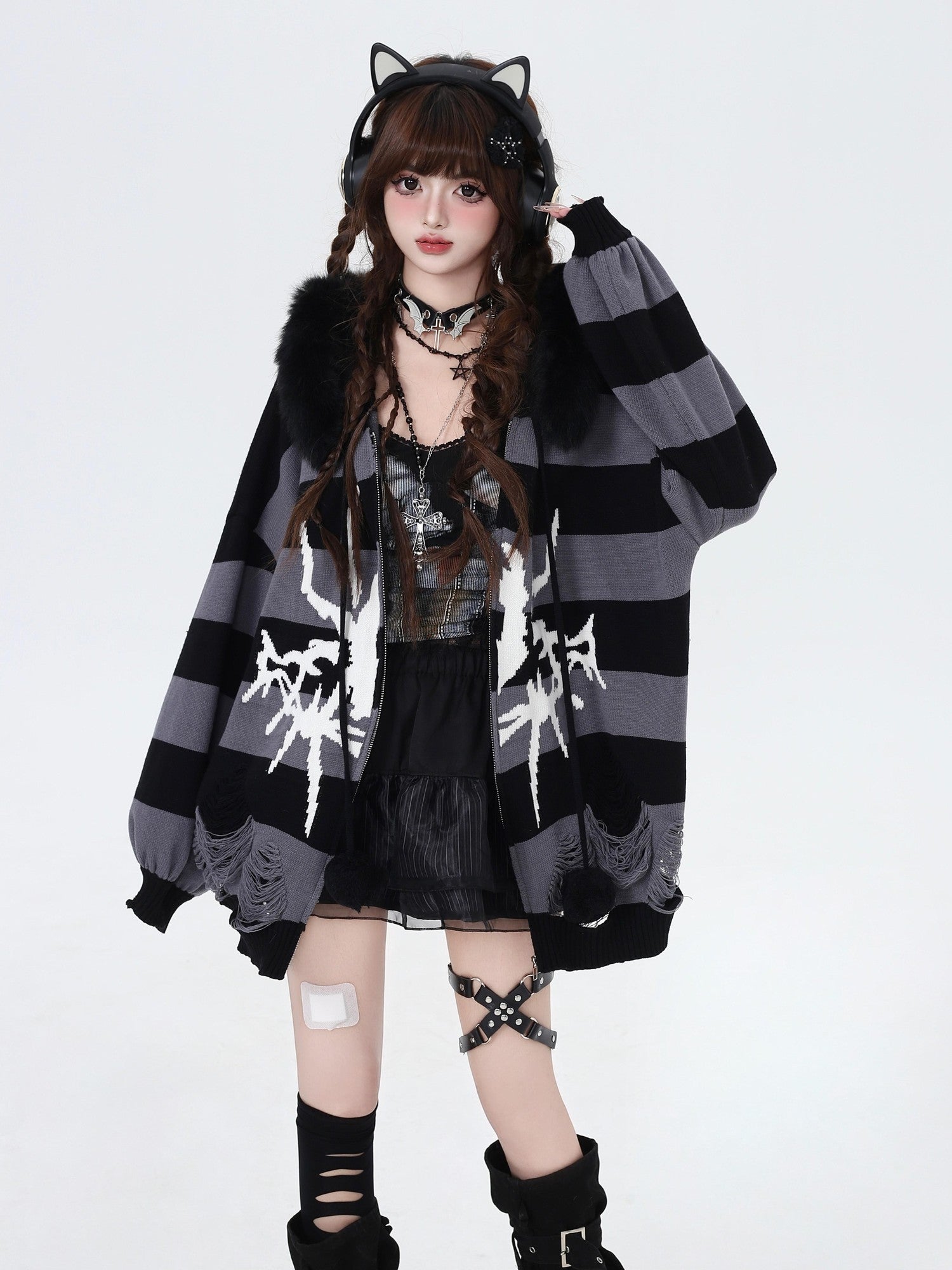 CRAZYGIRL Punk Striped Lantern Sleeve Hooded Removable Fur Collar Women's Cardigans