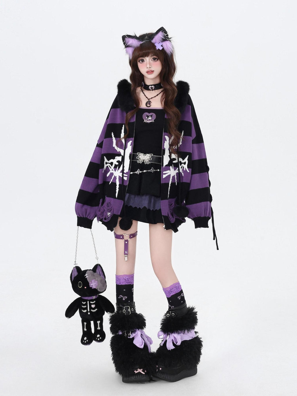 CRAZYGIRL Punk Striped Lantern Sleeve Hooded Removable Fur Collar Women's Cardigans