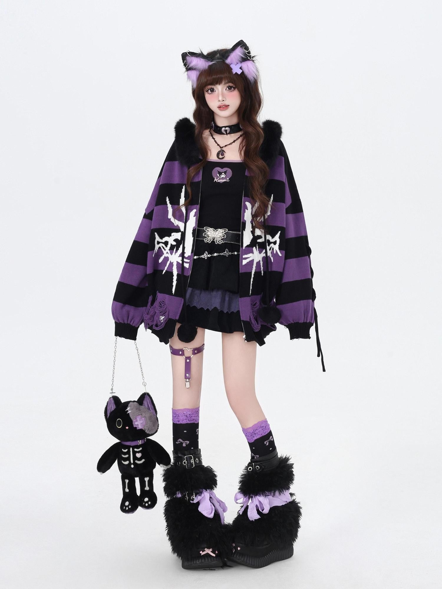 CRAZYGIRL Punk Striped Lantern Sleeve Hooded Removable Fur Collar Women's Cardigans