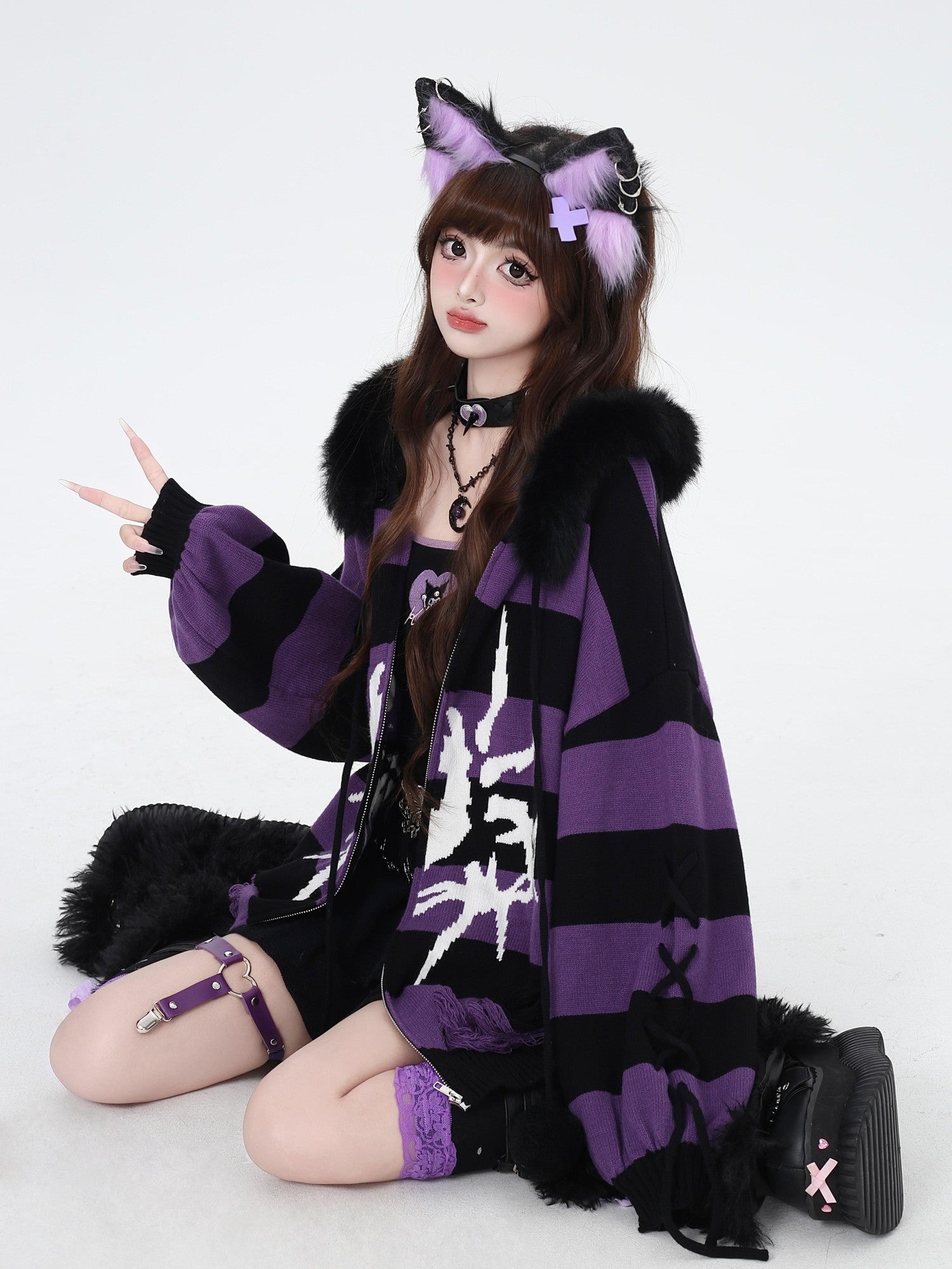 CRAZYGIRL Punk Striped Lantern Sleeve Hooded Removable Fur Collar Women's Cardigans