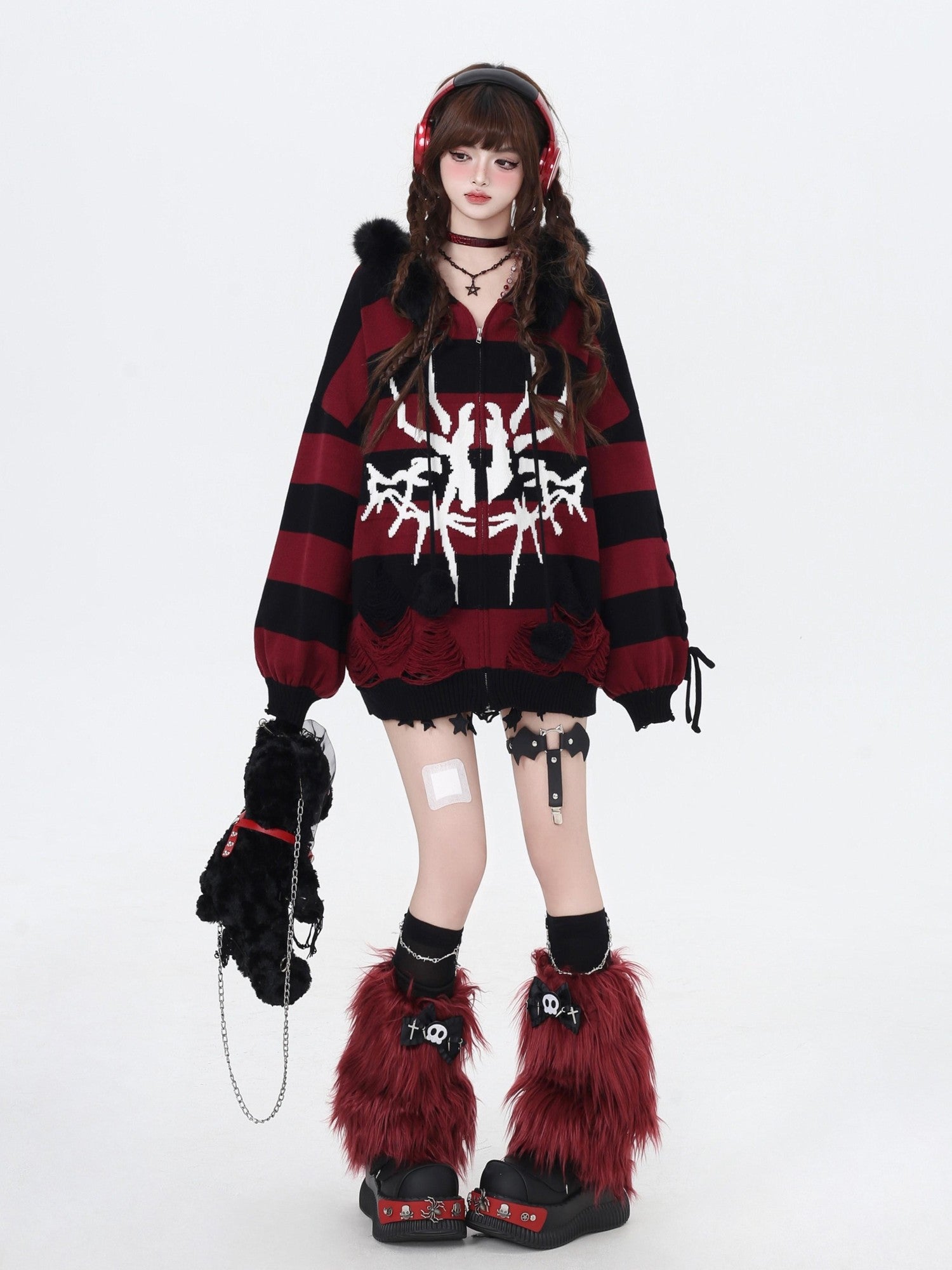 CRAZYGIRL Punk Striped Lantern Sleeve Hooded Removable Fur Collar Women's Cardigans