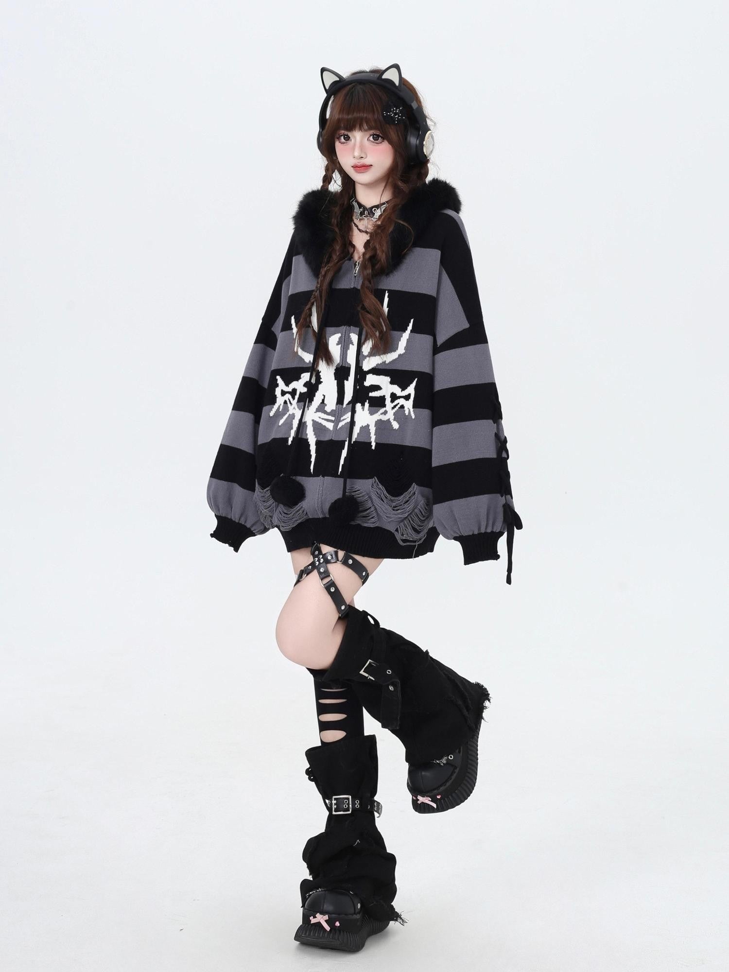 CRAZYGIRL Punk Striped Lantern Sleeve Hooded Removable Fur Collar Women's Cardigans