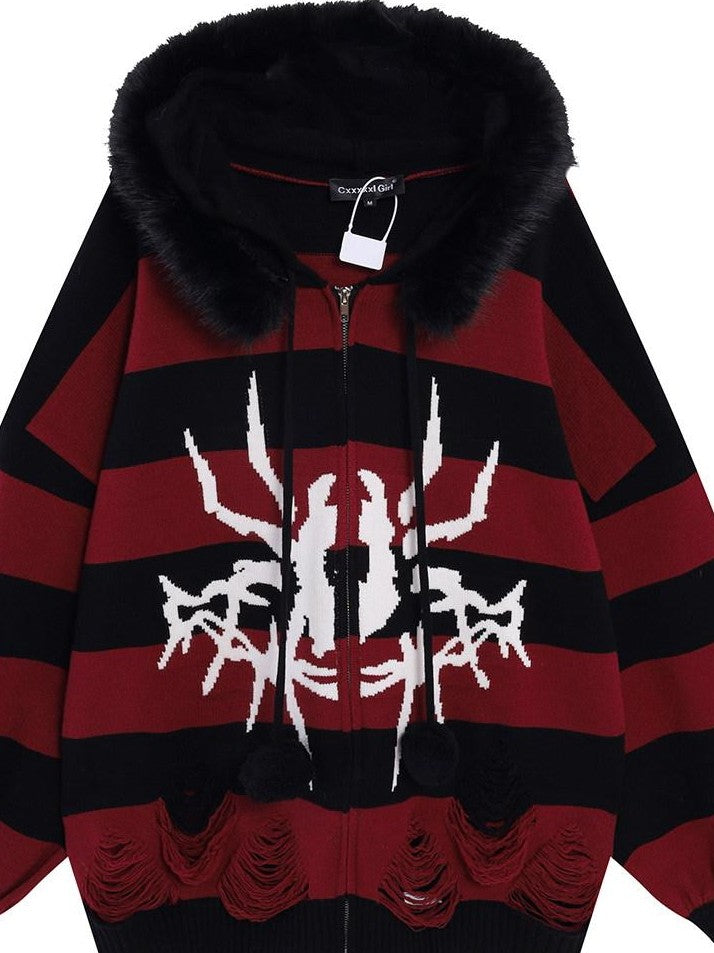 CRAZYGIRL Punk Striped Lantern Sleeve Hooded Removable Fur Collar Women's Cardigans