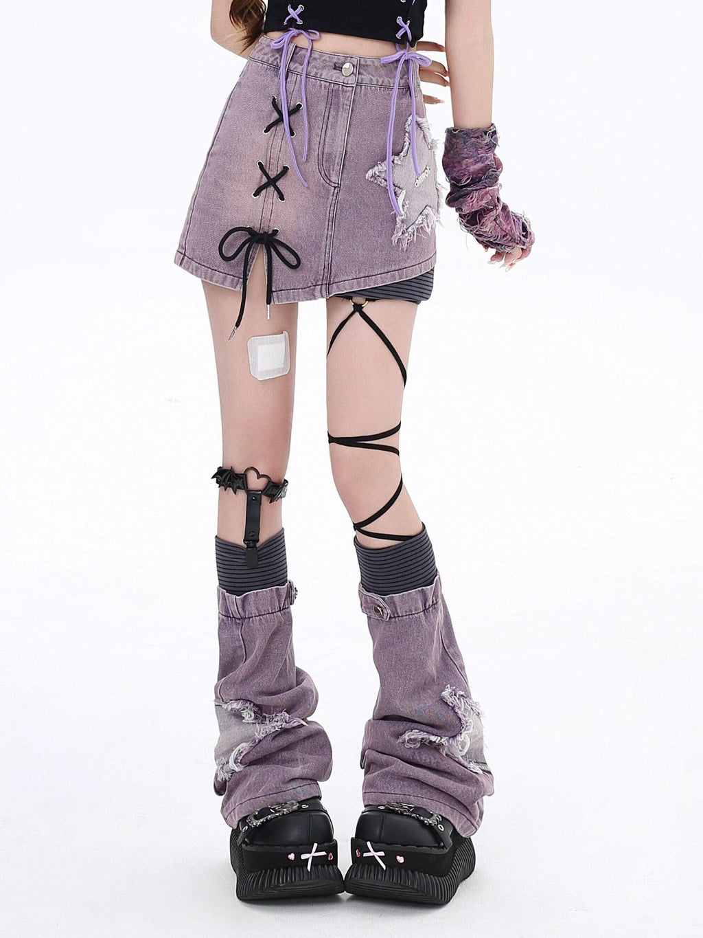 CRAZYGIRL Purple Star Patch Bow High Waist A Line Women's Other Mini Skirts