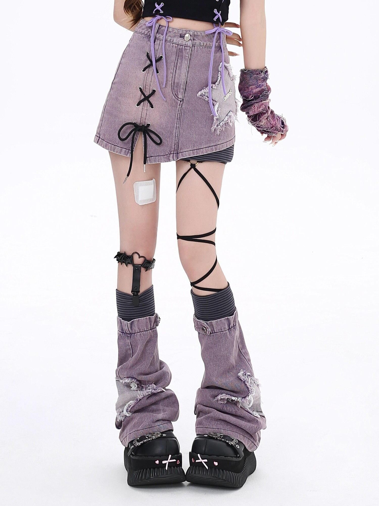 CRAZYGIRL Purple Star Patch Bow High Waist A Line Women's Other Mini Skirts