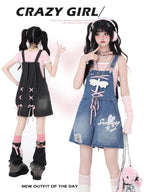 CRAZYGIRL Rabbit Ear Embroidered Tie Suspender High Waist Women's Denim Short Trousers
