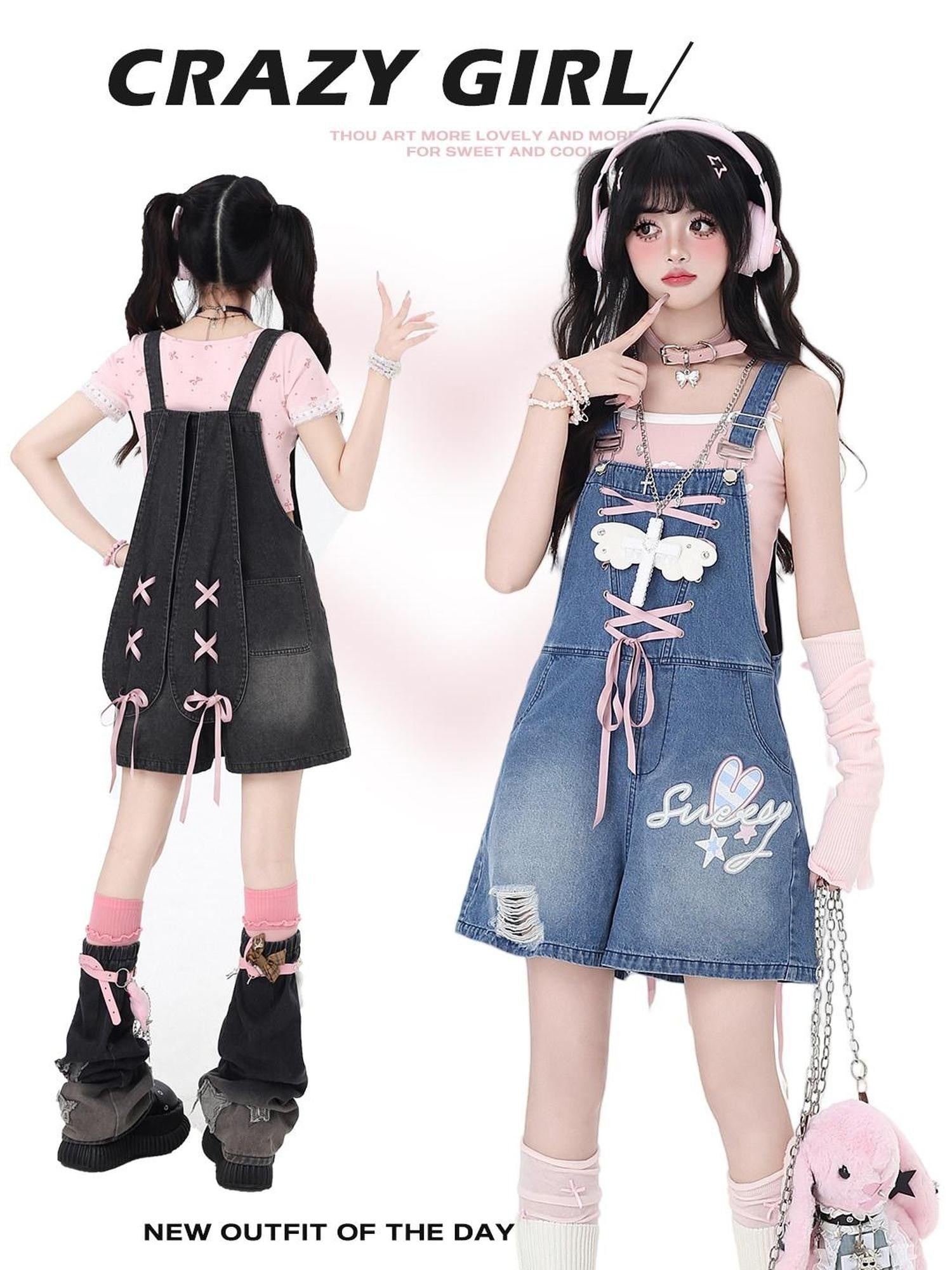 CRAZYGIRL Rabbit Ear Embroidered Tie Suspender High Waist Women's Denim Short Trousers