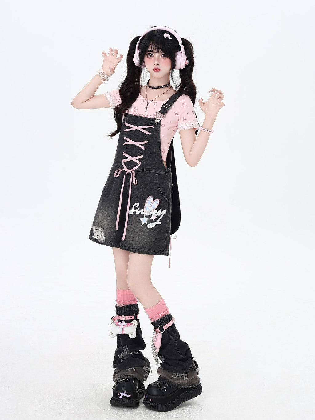 CRAZYGIRL Rabbit Ear Embroidered Tie Suspender High Waist Women's Denim Short Trousers