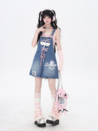 CRAZYGIRL Rabbit Ear Embroidered Tie Suspender High Waist Women's Denim Short Trousers
