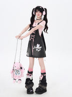 CRAZYGIRL Rabbit Ear Embroidered Tie Suspender High Waist Women's Denim Short Trousers