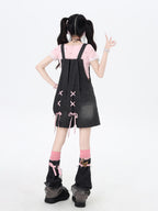 CRAZYGIRL Rabbit Ear Embroidered Tie Suspender High Waist Women's Denim Short Trousers