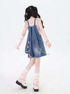 CRAZYGIRL Rabbit Ear Embroidered Tie Suspender High Waist Women's Denim Short Trousers