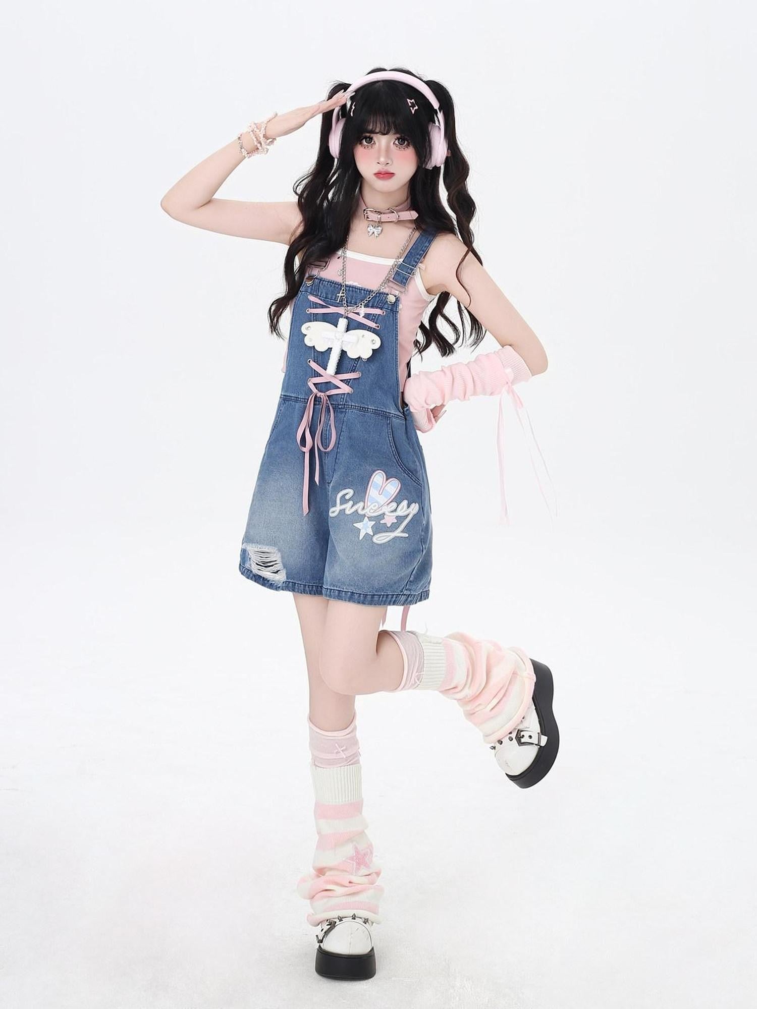 CRAZYGIRL Rabbit Ear Embroidered Tie Suspender High Waist Women's Denim Short Trousers