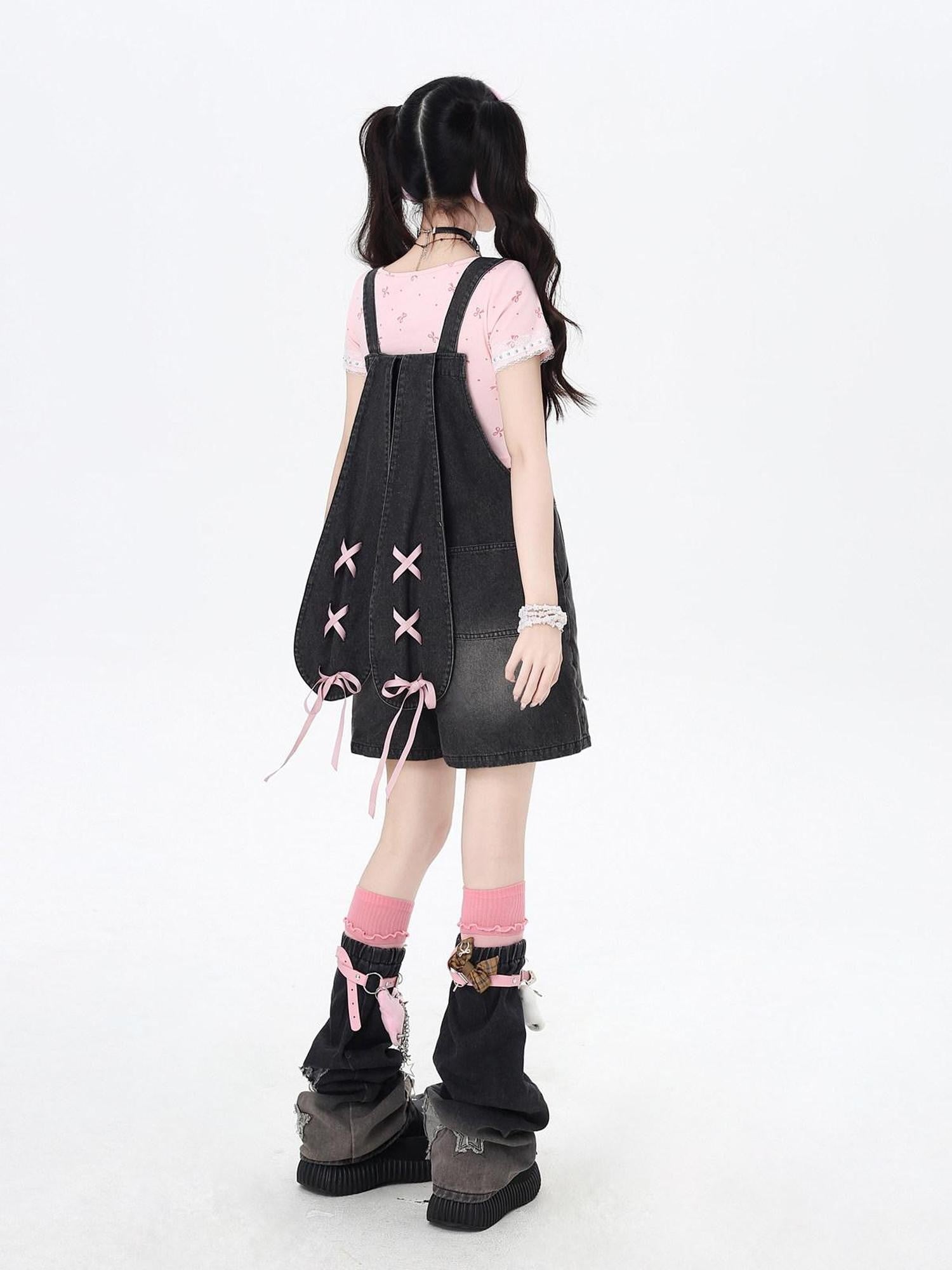 CRAZYGIRL Rabbit Ear Embroidered Tie Suspender High Waist Women's Denim Short Trousers