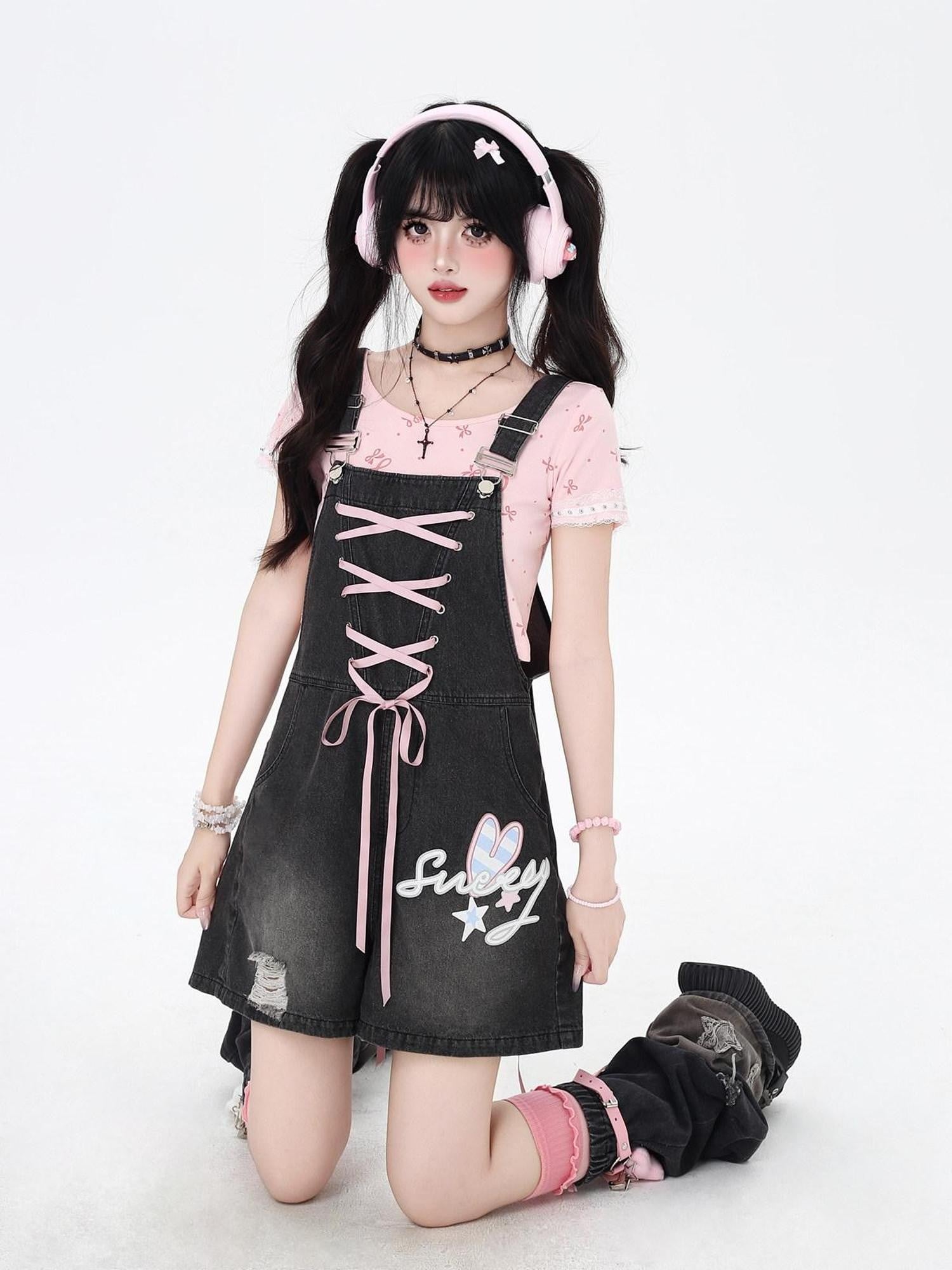 CRAZYGIRL Rabbit Ear Embroidered Tie Suspender High Waist Women's Denim Short Trousers