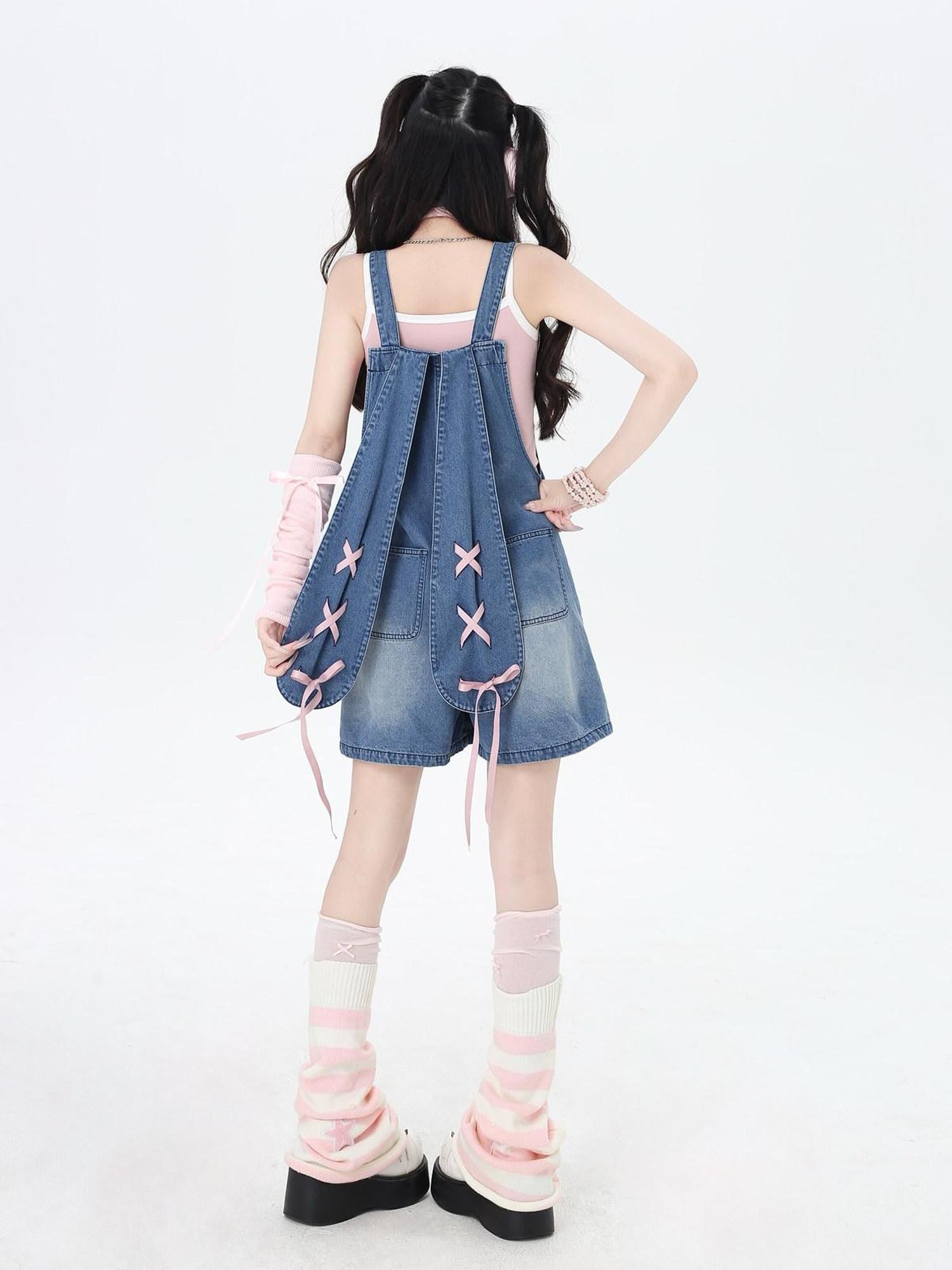 CRAZYGIRL Rabbit Ear Embroidered Tie Suspender High Waist Women's Denim Short Trousers