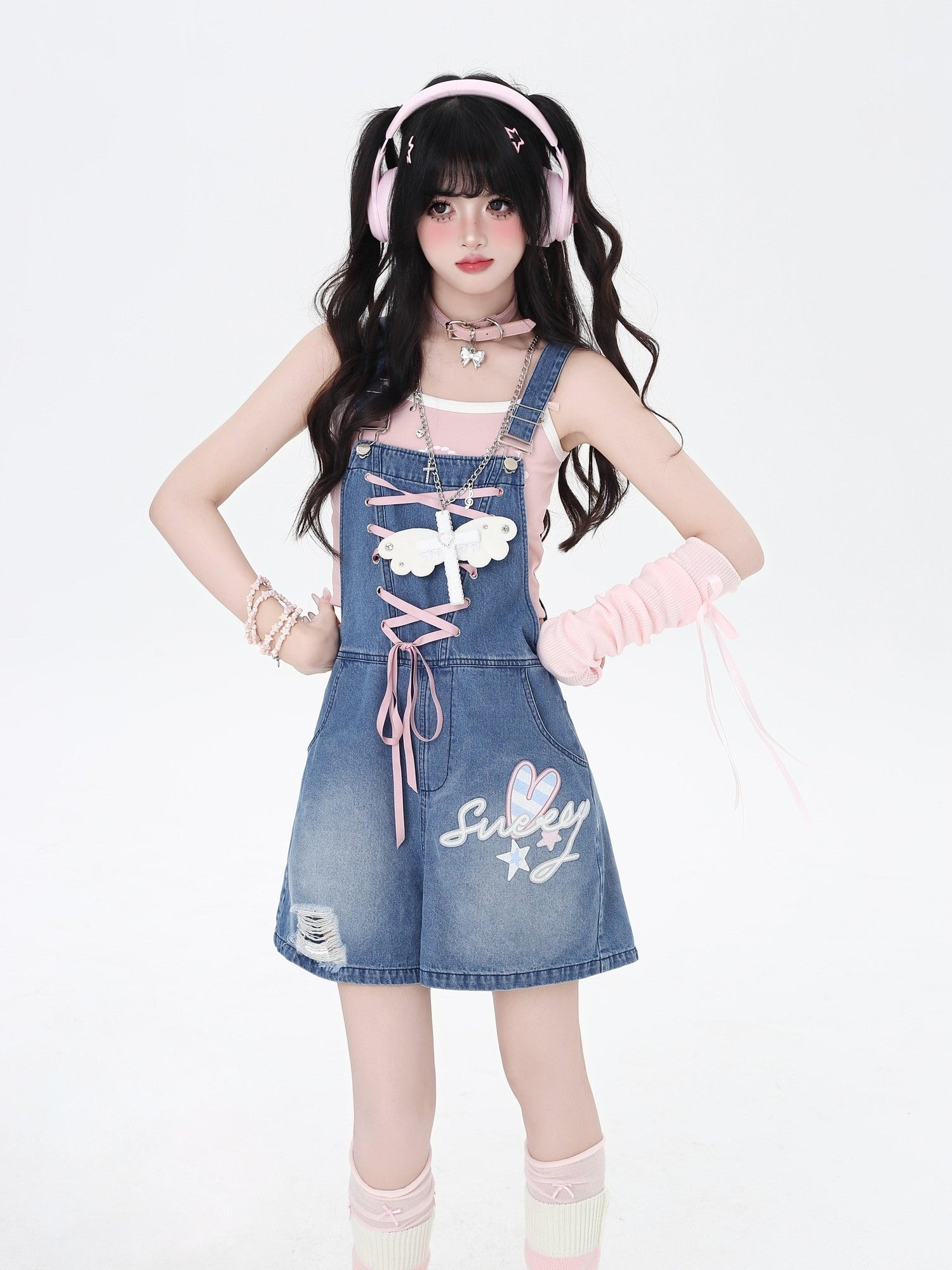 CRAZYGIRL Rabbit Ear Embroidered Tie Suspender High Waist Women's Denim Short Trousers