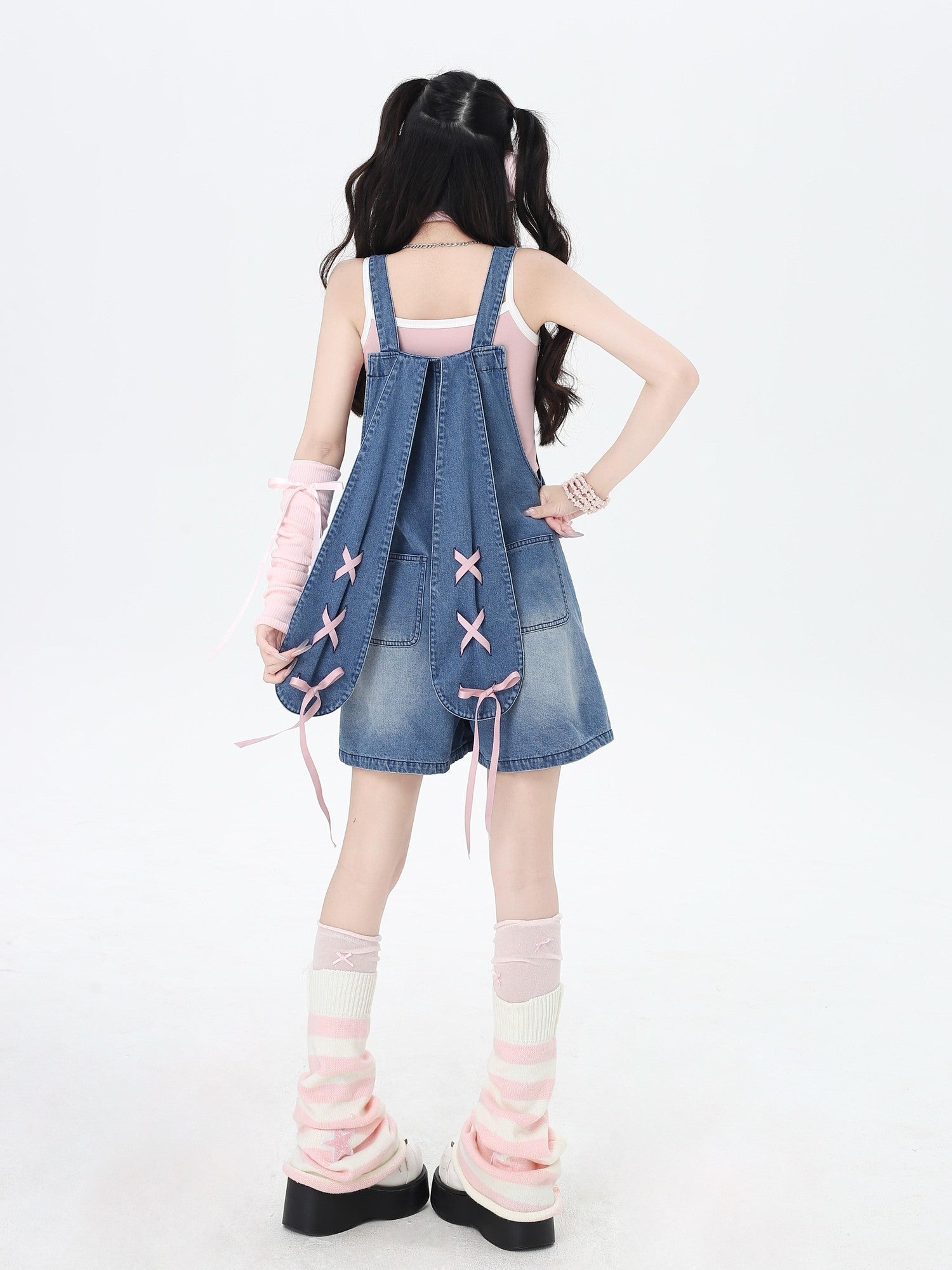 CRAZYGIRL Rabbit Ear Embroidered Tie Suspender High Waist Women's Denim Short Trousers