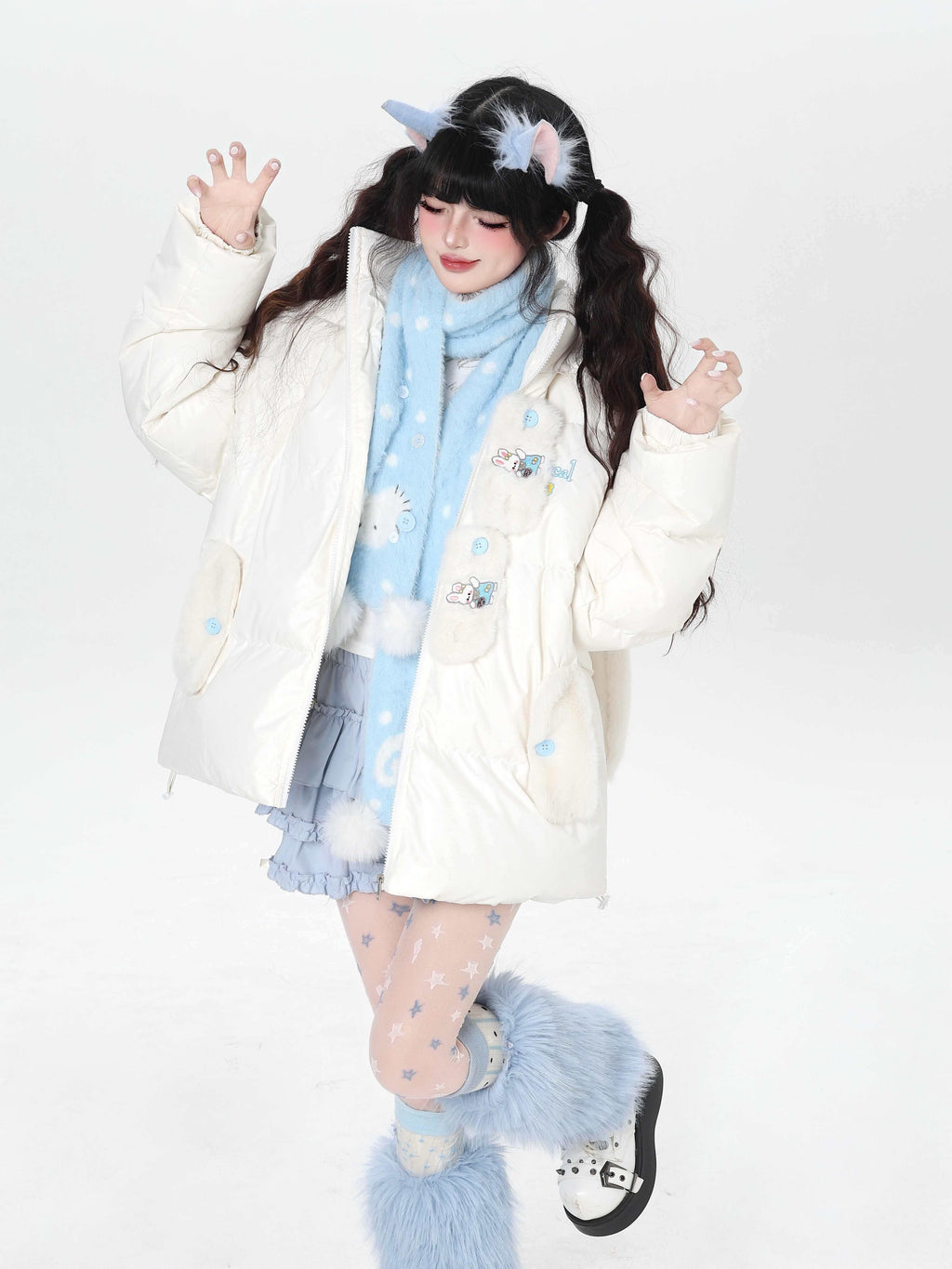 CRAZYGIRL_Rabbit_Ear_Embroidery_Detachable_Hood_Zipper_Loose_Women's_White_Duck_Down_Jackets_1000965404863_MISSTT