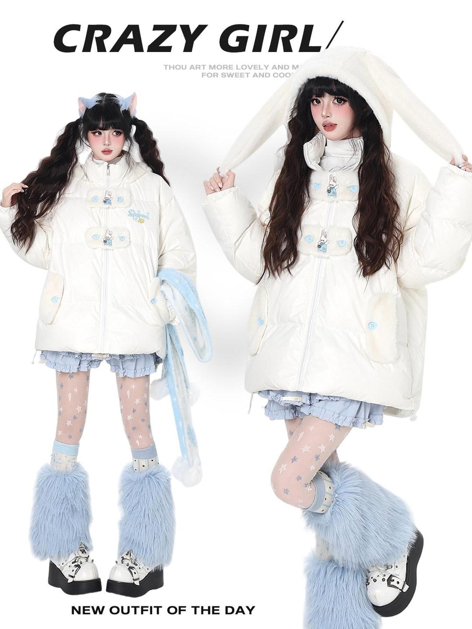 CRAZYGIRL Rabbit Ear Embroidery Detachable Hood Zipper Loose Women's White Duck Down Jackets