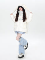 CRAZYGIRL Rabbit Ear Embroidery Detachable Hood Zipper Loose Women's White Duck Down Jackets