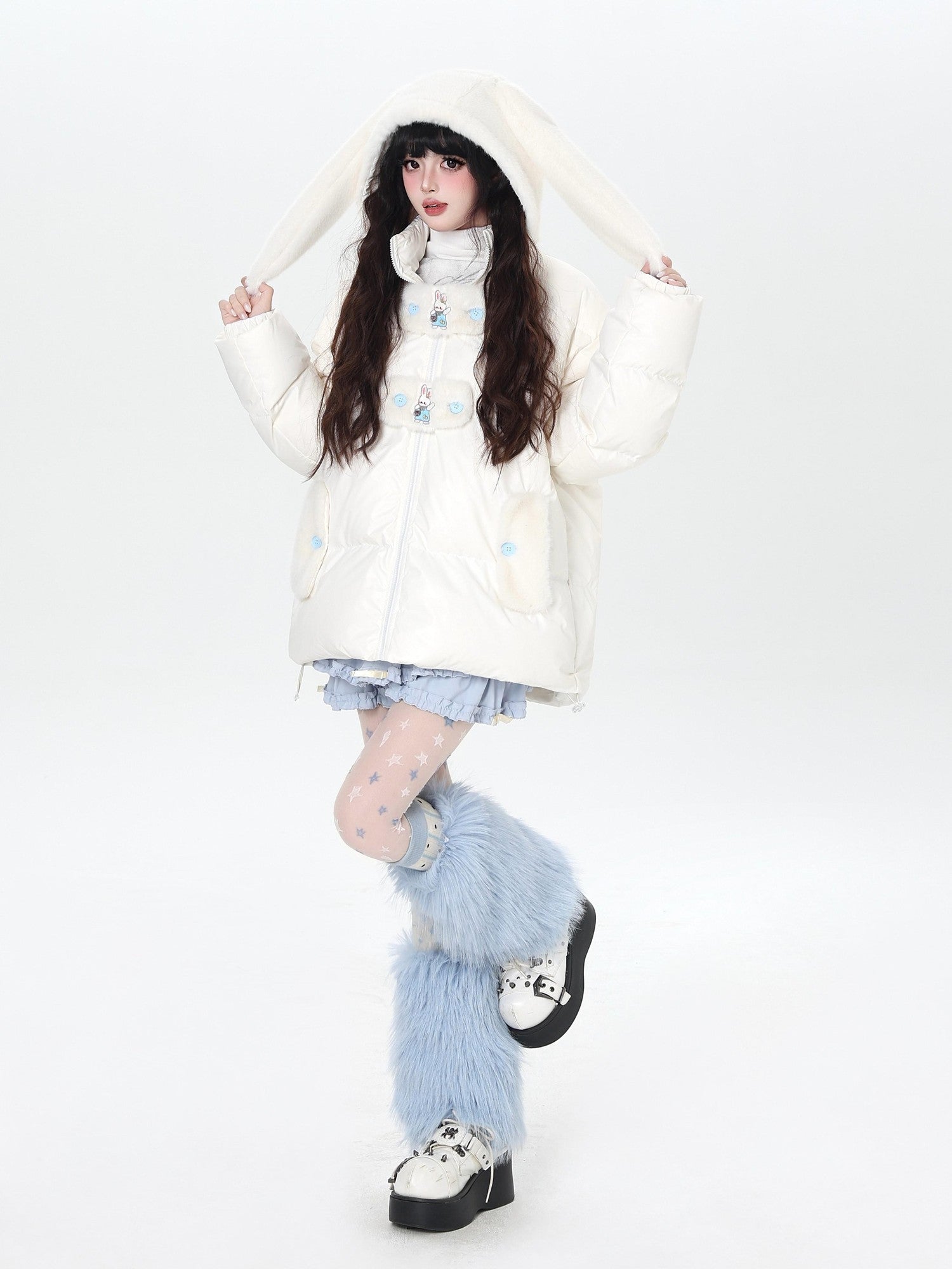 CRAZYGIRL Rabbit Ear Embroidery Detachable Hood Zipper Loose Women's White Duck Down Jackets