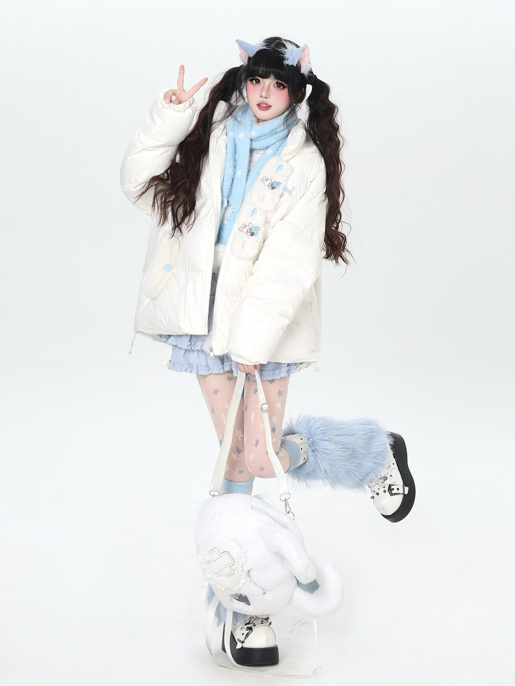 CRAZYGIRL Rabbit Ear Embroidery Detachable Hood Zipper Loose Women's White Duck Down Jackets