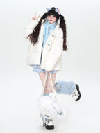 CRAZYGIRL Rabbit Ear Embroidery Detachable Hood Zipper Loose Women's White Duck Down Jackets