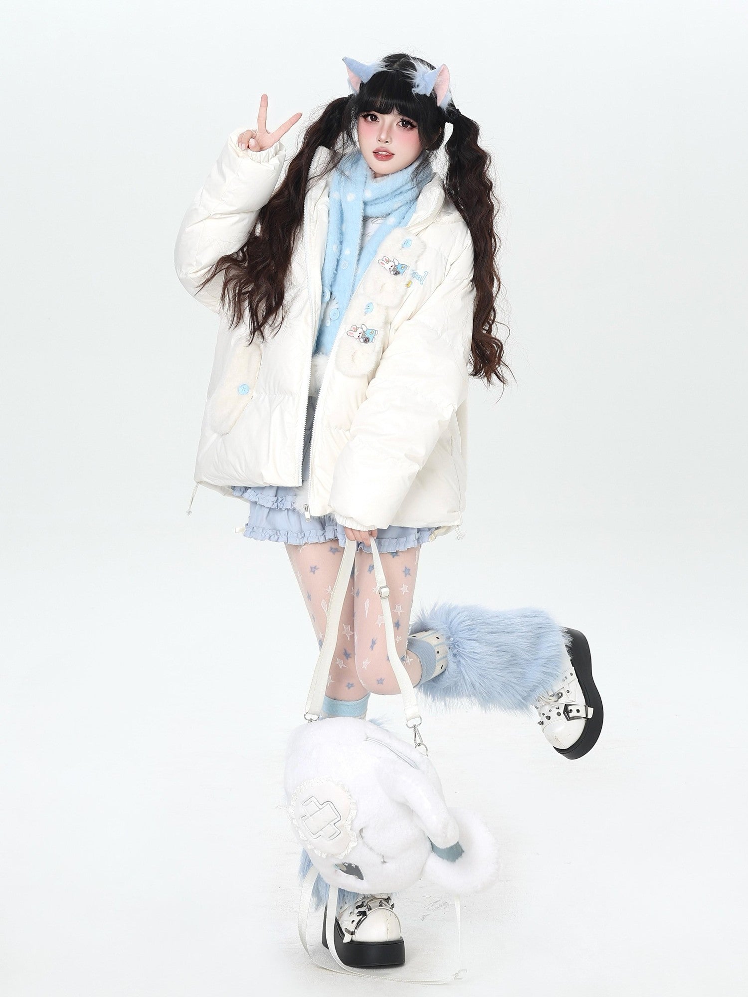CRAZYGIRL Rabbit Ear Embroidery Detachable Hood Zipper Loose Women's White Duck Down Jackets