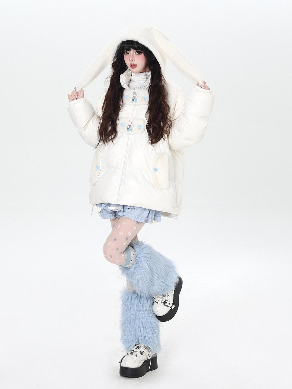 CRAZYGIRL Rabbit Ear Embroidery Detachable Hood Zipper Loose Women's White Duck Down Jackets