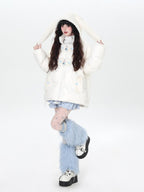 CRAZYGIRL Rabbit Ear Embroidery Detachable Hood Zipper Loose Women's White Duck Down Jackets