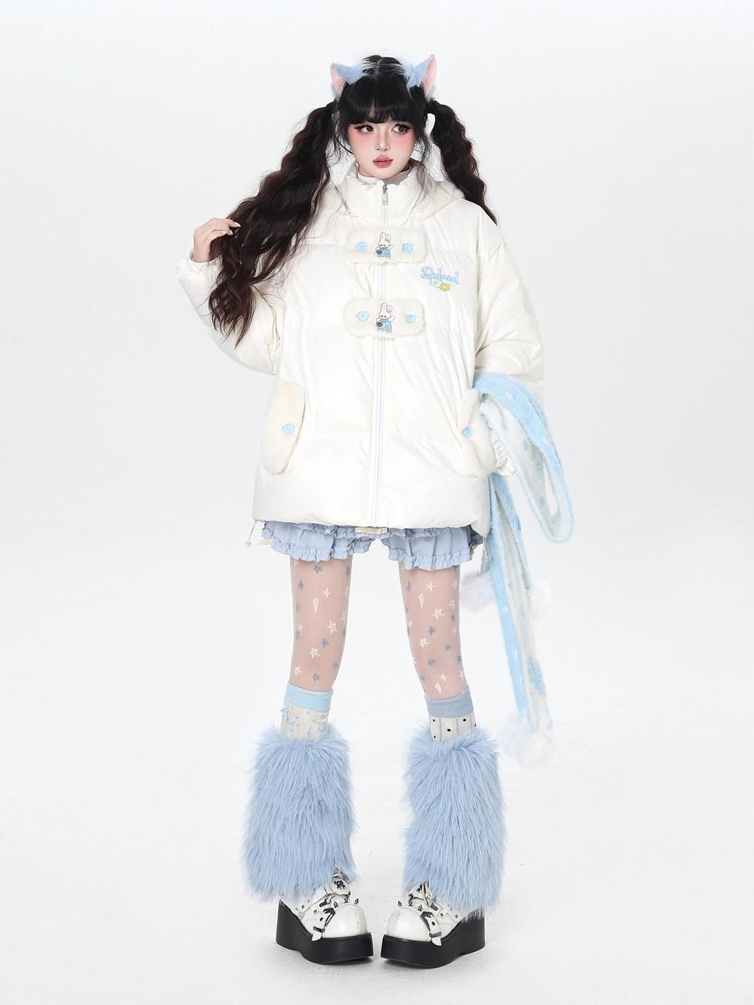CRAZYGIRL Rabbit Ear Embroidery Detachable Hood Zipper Loose Women's White Duck Down Jackets