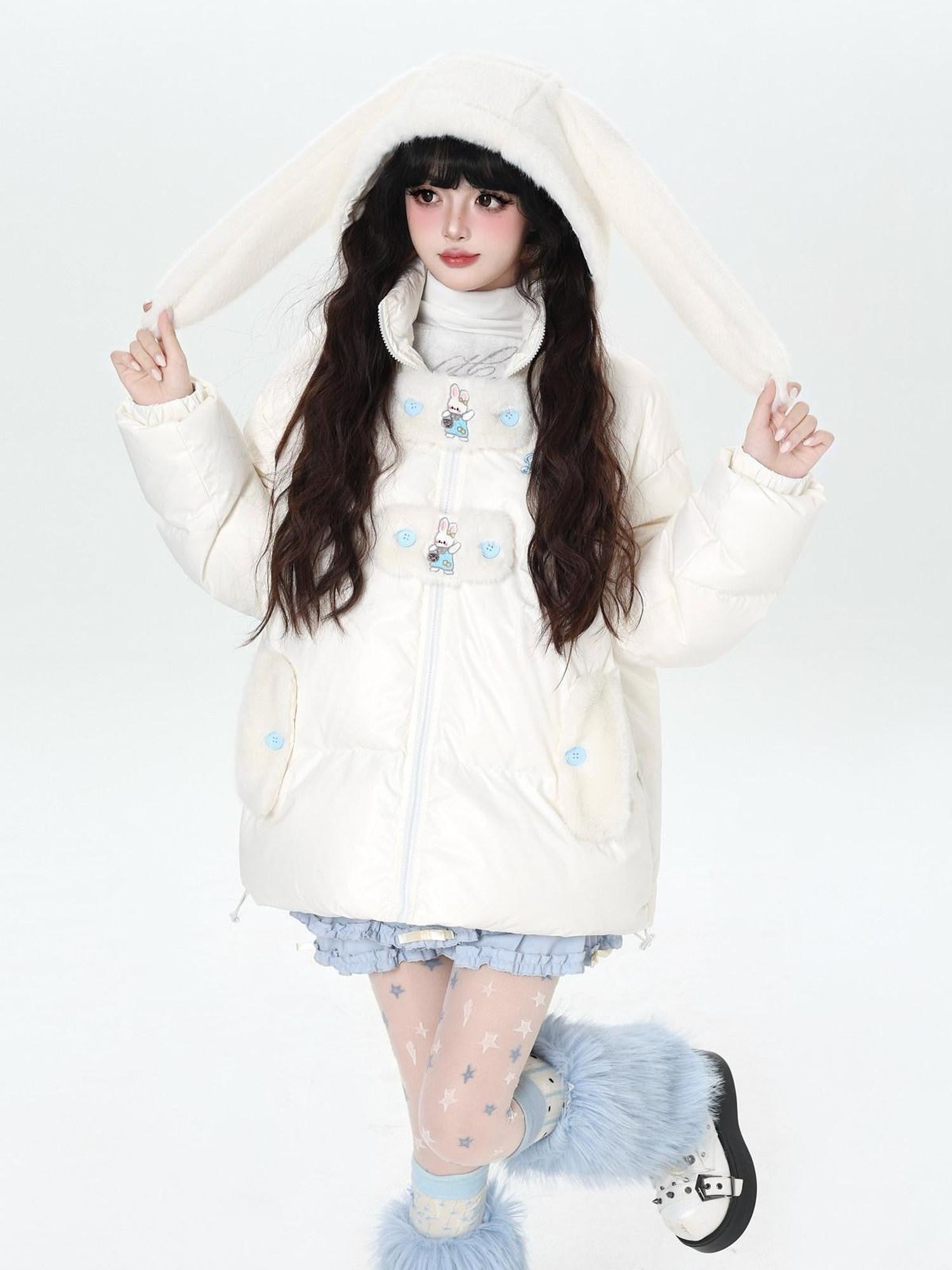 CRAZYGIRL Rabbit Ear Embroidery Detachable Hood Zipper Loose Women's White Duck Down Jackets