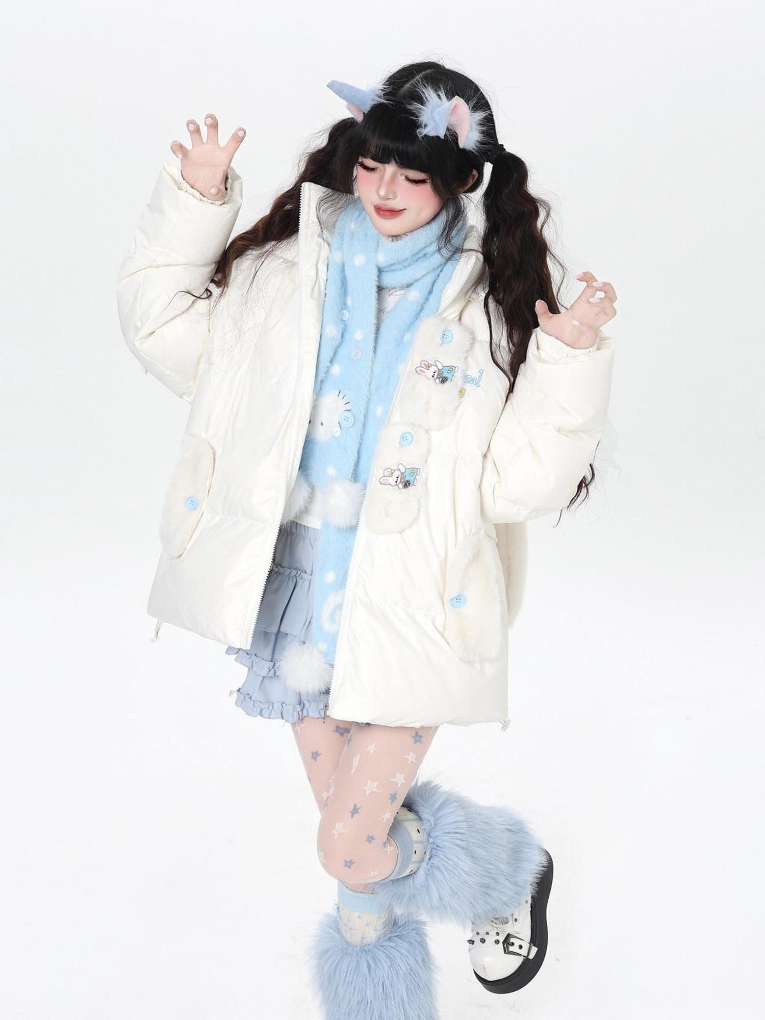 CRAZYGIRL Rabbit Ear Embroidery Detachable Hood Zipper Loose Women's White Duck Down Jackets
