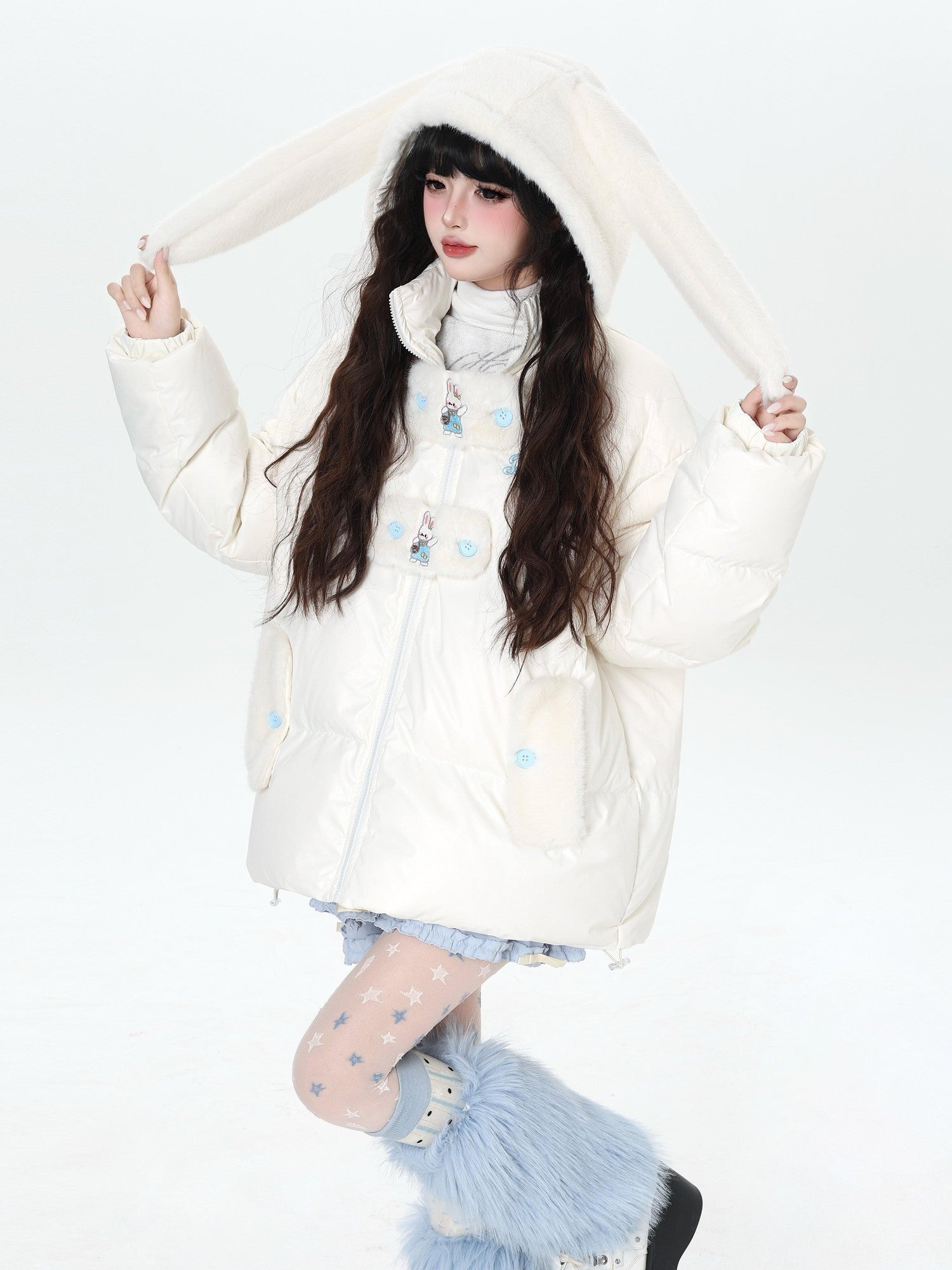 CRAZYGIRL Rabbit Ear Embroidery Detachable Hood Zipper Loose Women's White Duck Down Jackets