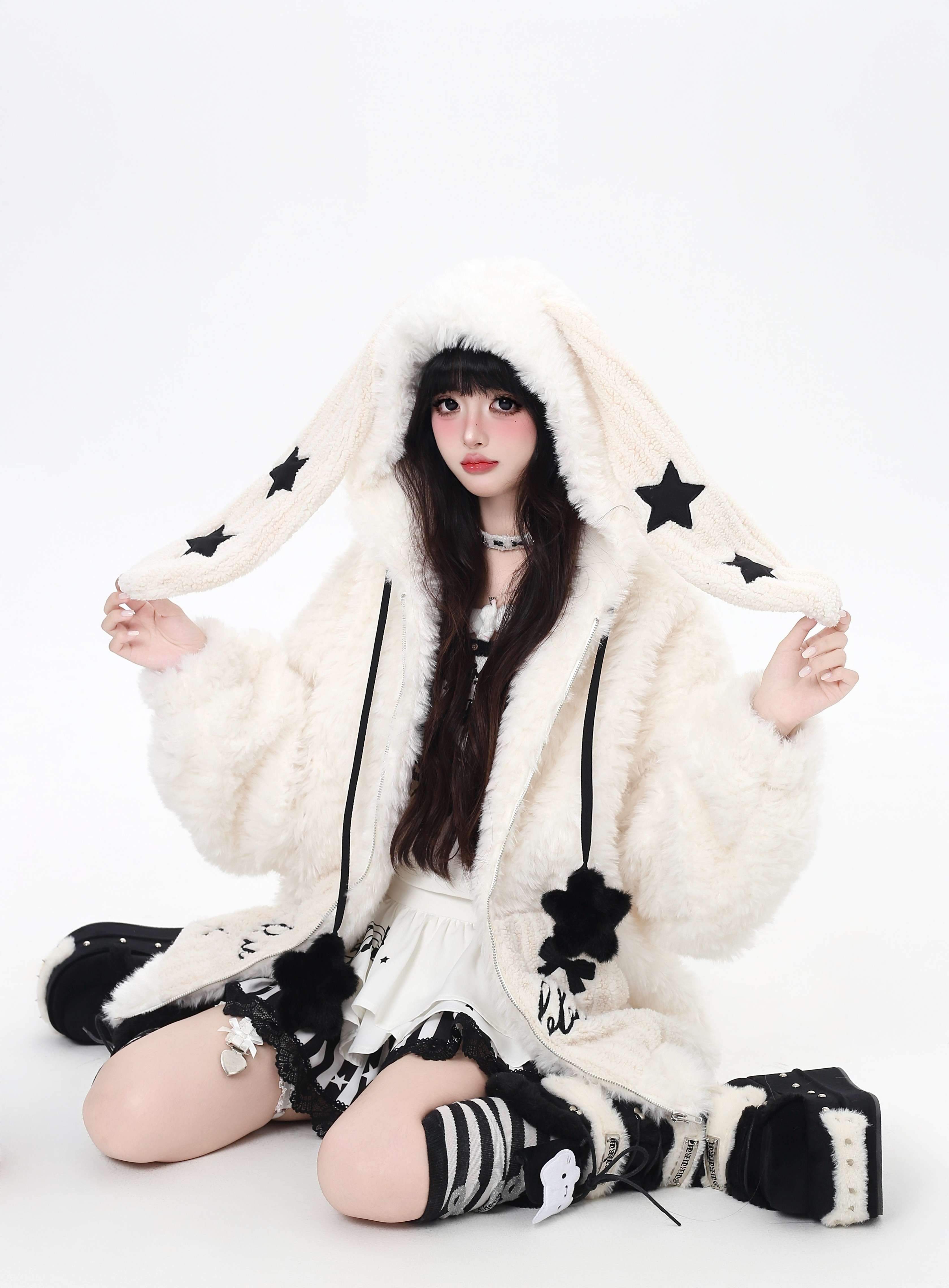 CRAZYGIRL_Rabbit_Ear_Hood_Star_Print_Women's_Lamb_Fleece_Puffer_Jackets_990269940564_MISSTT